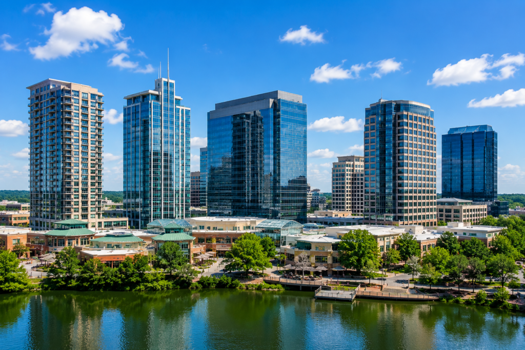 Commercial office buildings along a waterfront cityscape