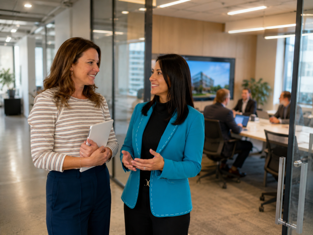Leanne and Jessica discussing commercial real estate strategy outside a conference room