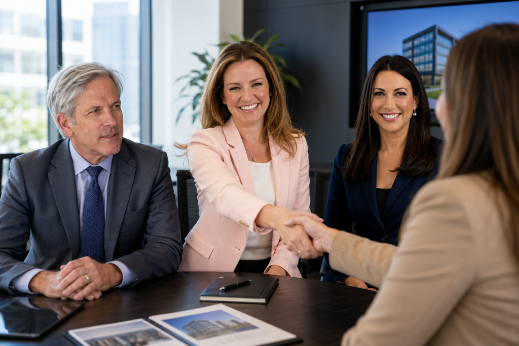 Eric, Leanne, and Jessica of Rock Spring Real Estate Solutions meeting with a client in a conference room