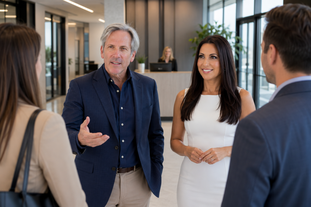 Eric and Jessica of Rock Spring Real Estate Solutions meeting with clients in a modern office lobby