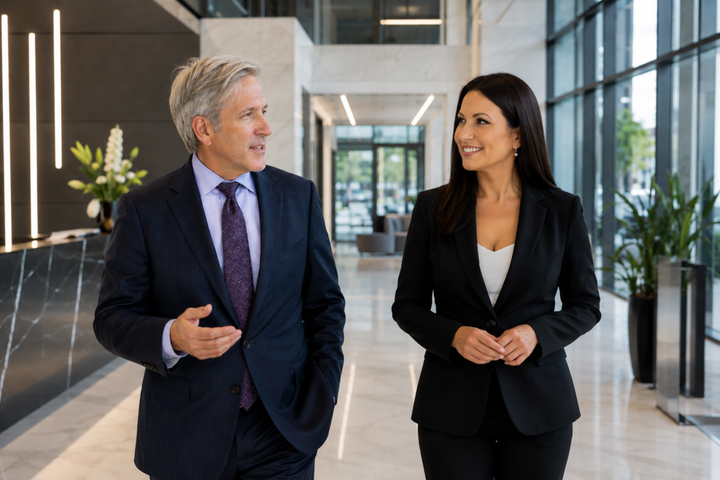 Eric Berlin and Jessica Miller of Rock Spring Real Estate Solutions discussing commercial real estate strategy in a modern office lobby