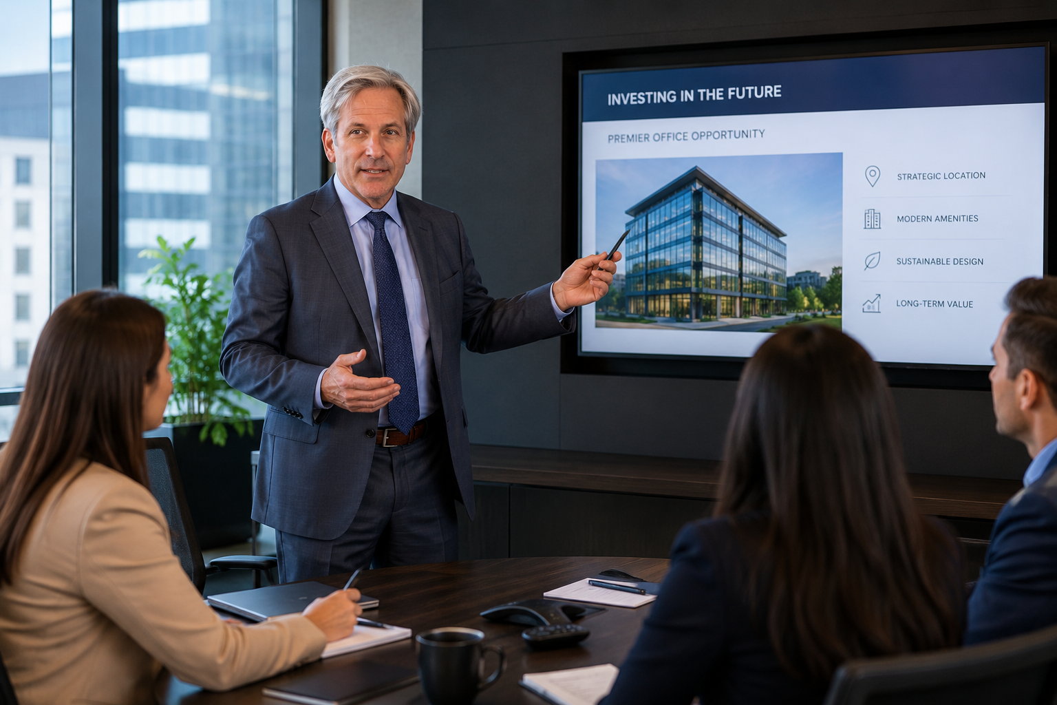 Eric Berlin presenting commercial real estate strategies to clients in a conference room